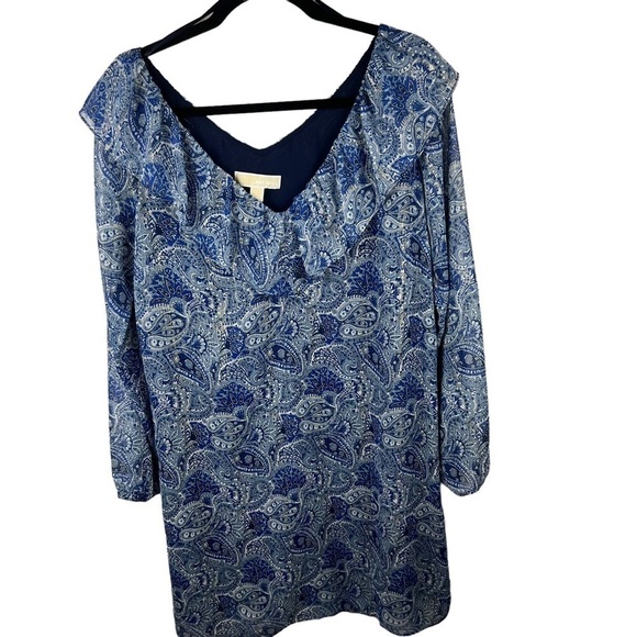 Michael Kors Blue Dress Paisley Ruffle Neck Shift Boho Peasant SZ L Cottagecore - Picture 5 of 8